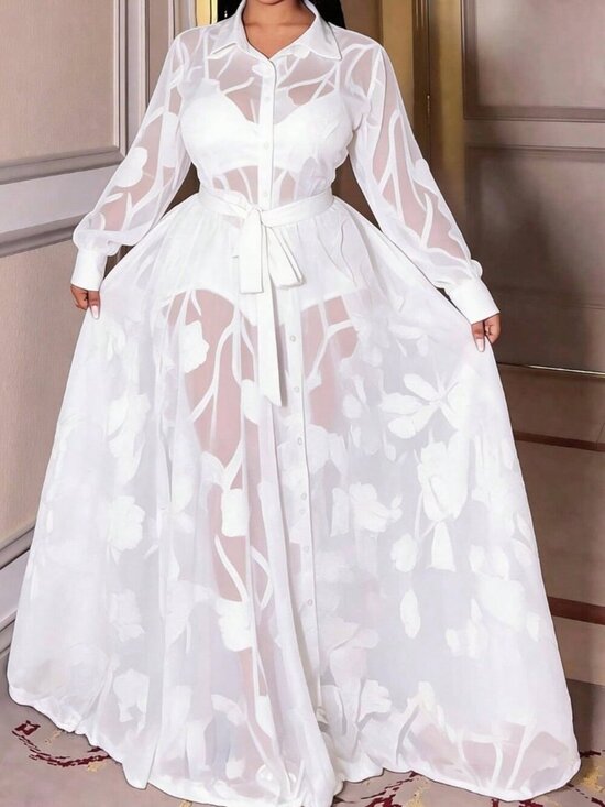 Dresses & Skirts - Elegant Women's Plus Size Long Sleeve Front Button Sheer maxi Dress -White